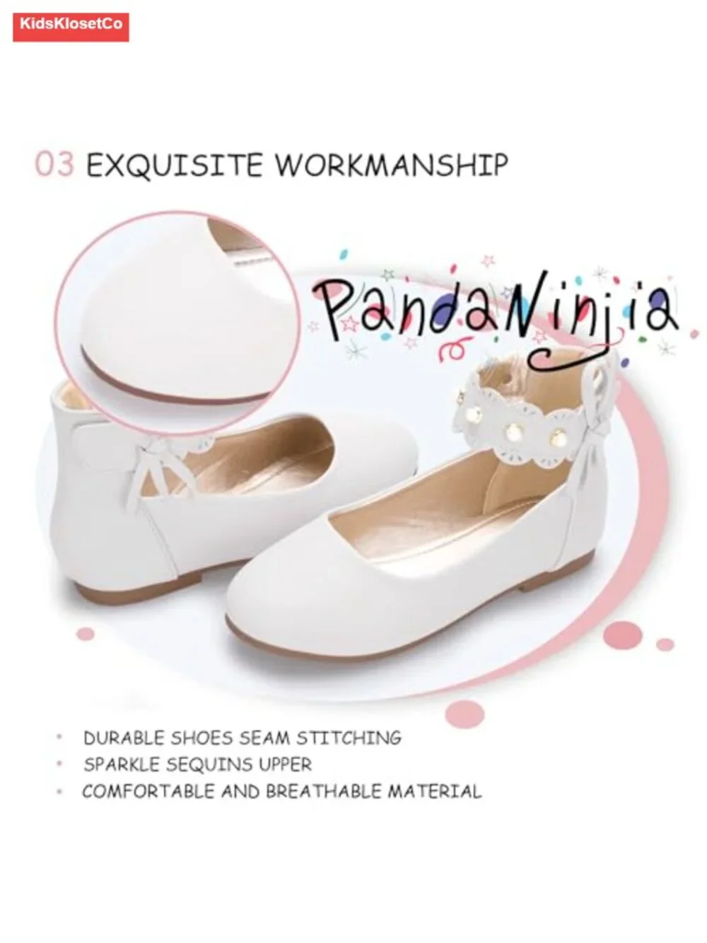 Mary Jane Ballet Flats Flower Girl Shoes with Pearl Bow Ankle Strap Dress Shoes